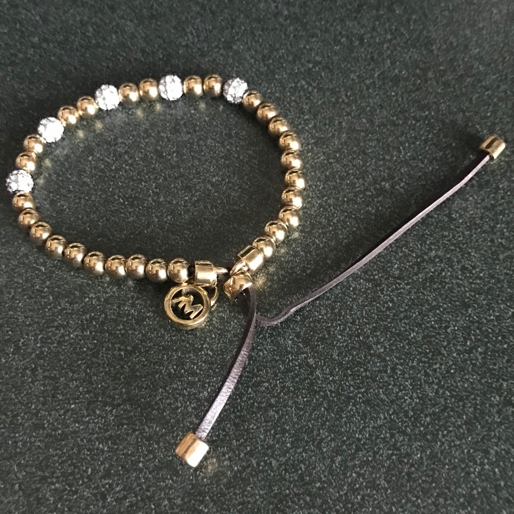 Michael Kors Brilliance Beaded Bracelet Steel and Leather Stretch Band